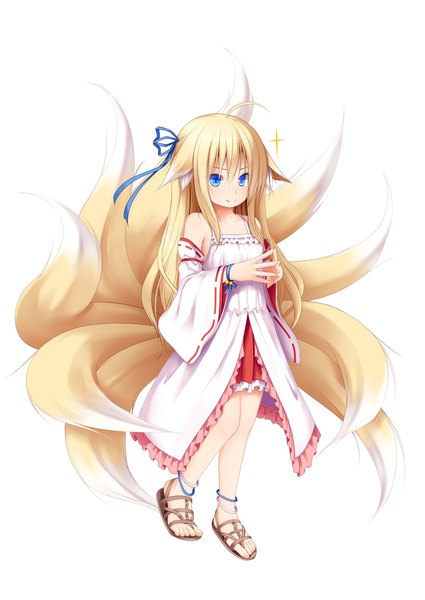 Anime picture 2507x3542 with original sorasha tamaki (izumi kazusa) haryuu (poetto) single long hair tall image fringe highres blue eyes simple background blonde hair smile standing white background animal ears full body ahoge tail traditional clothes japanese clothes
