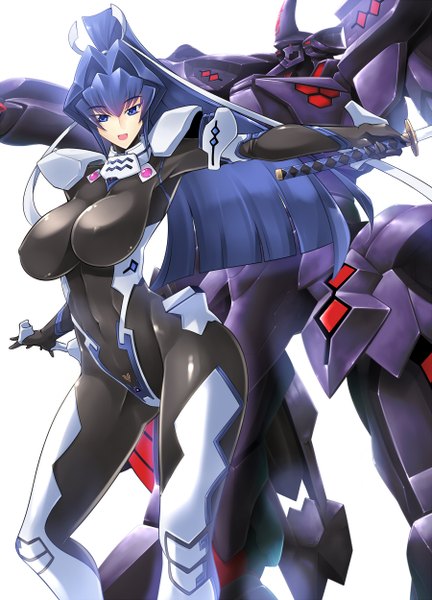 Anime picture 900x1250 with muvluv total eclipse mitsurugi meiya haganef single long hair tall image looking at viewer fringe breasts open mouth blue eyes light erotic simple background smile large breasts white background blue hair ponytail girl weapon