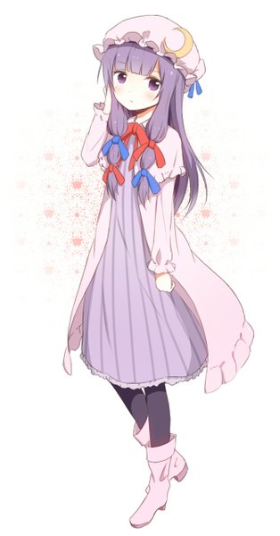 Anime picture 671x1281 with touhou patchouli knowledge nekoze (chatte secca) single long hair tall image looking at viewer blush fringe simple background white background purple eyes purple hair from above girl dress ribbon (ribbons) hair ribbon pantyhose boots