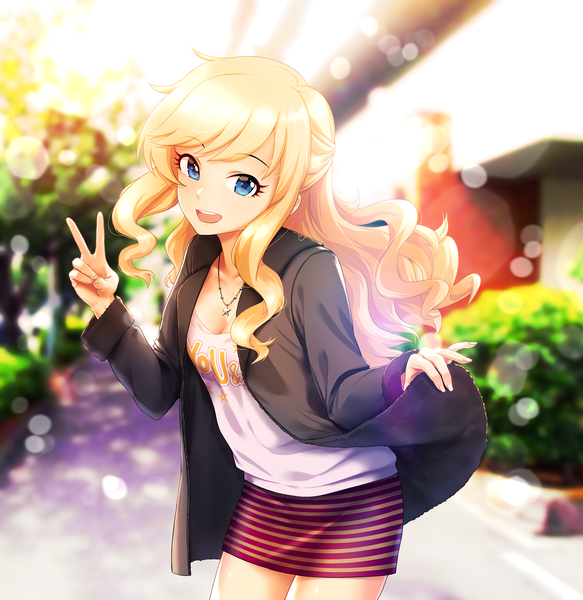 Anime picture 2000x2059 with idolmaster idolmaster cinderella girls ootsuki yui infinote single long hair tall image looking at viewer highres open mouth blue eyes blonde hair smile standing outdoors sunlight blurry open clothes leaning leaning forward