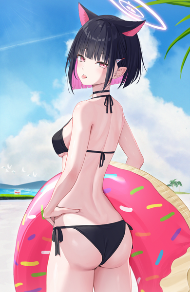 Anime picture 2000x3073 with blue archive kazusa (blue archive) norio (noriosub) single tall image looking at viewer blush fringe highres short hair light erotic black hair red eyes animal ears sky cloud (clouds) ass blunt bangs looking back multicolored hair