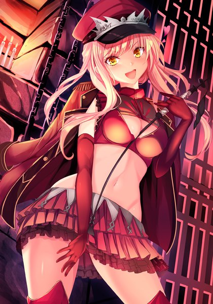 Anime picture 600x856 with fate (series) fate/grand order medb (fate) haruka natsuki single long hair tall image looking at viewer fringe breasts open mouth light erotic large breasts holding yellow eyes pink hair cleavage indoors head tilt :d