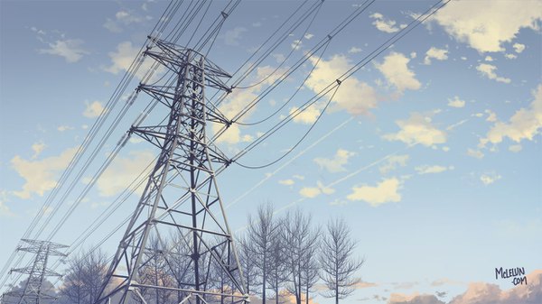 Anime picture 1280x720 with original mclelun wide image signed sky cloud (clouds) no people bare tree plant (plants) tree (trees) power lines