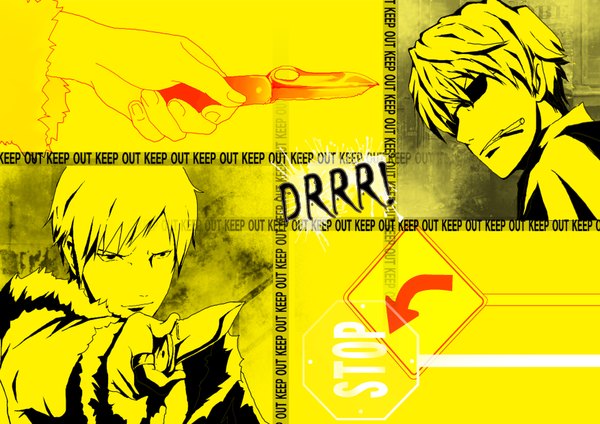 Anime picture 3508x2480 with durarara!! brains base (studio) orihara izaya heiwajima shizuo highres yellow background boy sunglasses knife