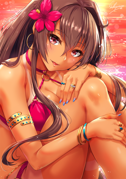 Anime picture 1000x1414 with kantai collection yamato super battleship sakiyamama single long hair tall image looking at viewer blush fringe breasts open mouth light erotic hair between eyes red eyes brown hair large breasts sitting signed payot cleavage