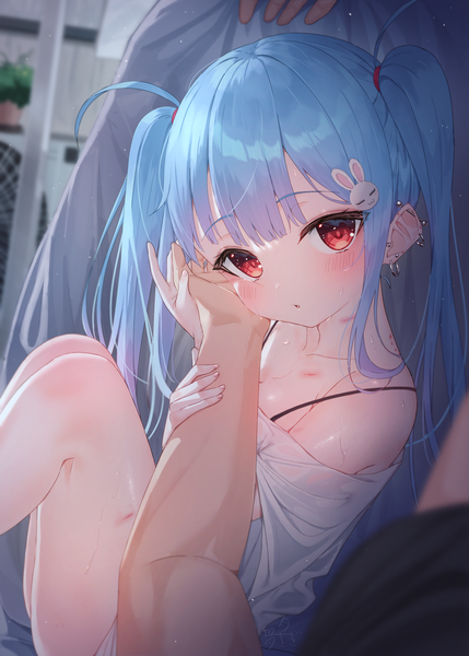 Anime picture 1296x1812 with original tsukiman long hair tall image looking at viewer blush fringe open mouth light erotic red eyes sitting twintails payot blue hair bent knee (knees) indoors blunt bangs head tilt piercing turning head
