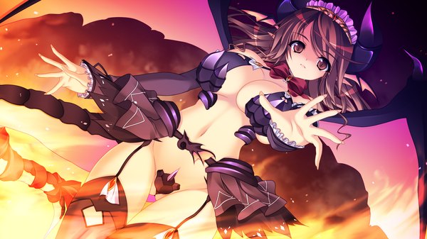 Anime picture 2048x1152 with pochi to goshujin-sama hinamidori sayouko long hair highres light erotic red eyes brown hair wide image game cg horn (horns) girl wings