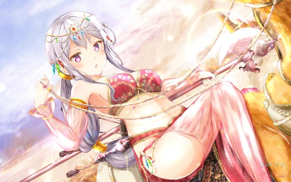 Anime picture 1920x1200 with girlfriend (kari) shigeto akiho masa (mirage77) single long hair looking at viewer blush fringe highres breasts open mouth light erotic sitting purple eyes bare shoulders holding payot sky silver hair bent knee (knees)