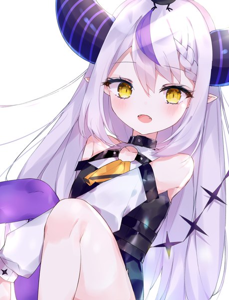 Anime picture 2687x3513 with virtual youtuber hololive la+ darknesss la+ darknesss (1st costume) crow (la+ darknesss) shigureszku single long hair tall image blush fringe highres open mouth hair between eyes sitting yellow eyes silver hair :d multicolored hair horn (horns)