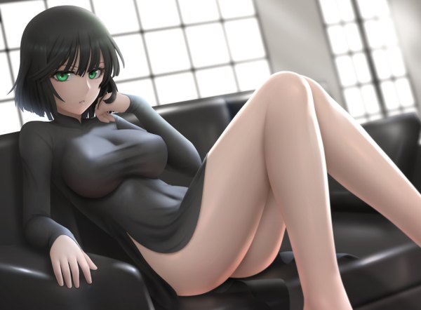 Anime picture 1300x958 with one-punch man madhouse fubuki (one-punch man) siraha single looking at viewer short hair breasts light erotic black hair large breasts green eyes bare legs cosplay tatsumaki (cosplay) girl dress black dress couch