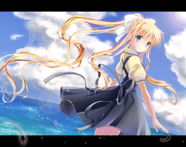 Anime picture 1200x950 with air key (studio) kamio misuzu miyato000 single blue eyes blonde hair smile sky cloud (clouds) very long hair looking back sunlight girl dress bow hair bow sea feather (feathers)