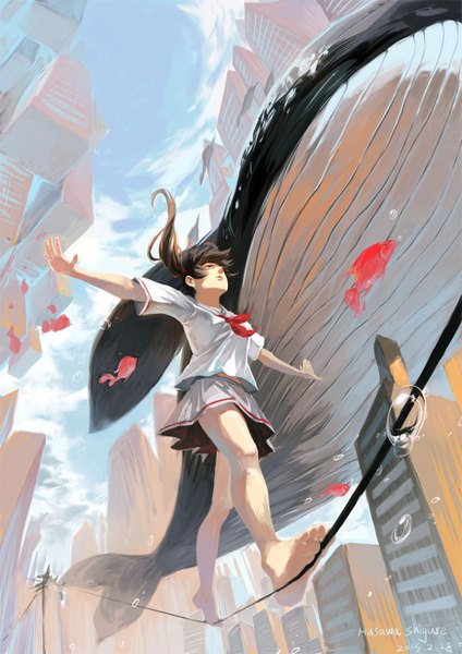 Anime picture 990x1400 with original torinmo long hair tall image brown hair brown eyes signed sky ponytail barefoot looking up spread arms walking girl skirt animal building (buildings) bubble (bubbles) fish (fishes) wire (wires)