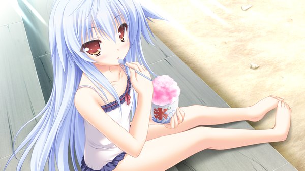 Anime picture 1280x720 with hanairo heptagram fujisaki mao moekibara fumitake single long hair looking at viewer blush wide image sitting brown eyes blue hair game cg barefoot loli dutch angle summer girl swimsuit one-piece swimsuit shaved ice