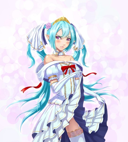 Anime picture 1235x1363 with original pixiv fantasia kazeno long hair tall image blush simple background white background purple eyes twintails bare shoulders pointy ears aqua hair girl thighhighs dress gloves hair ornament bow tiara