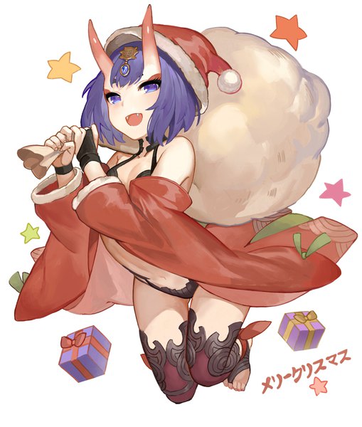 Anime picture 3088x3640 with fate (series) fate/grand order shuten douji (fate) akizone single tall image fringe highres short hair open mouth light erotic white background purple eyes absurdres purple hair full body :d horn (horns) off shoulder fang (fangs)