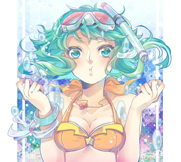 Anime picture 1500x1342 with vocaloid gumi nou single looking at viewer blush short hair green eyes green hair underwater girl swimsuit bracelet pendant bubble (bubbles) goggles snorkel
