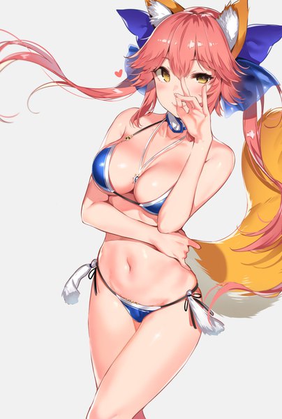 Anime picture 1200x1779 with fate (series) fate/extra tamamo (fate) (all) tamamo no mae (fate) yuran (cozyquilt) single long hair tall image looking at viewer blush fringe breasts light erotic simple background hair between eyes large breasts standing twintails bare shoulders animal ears