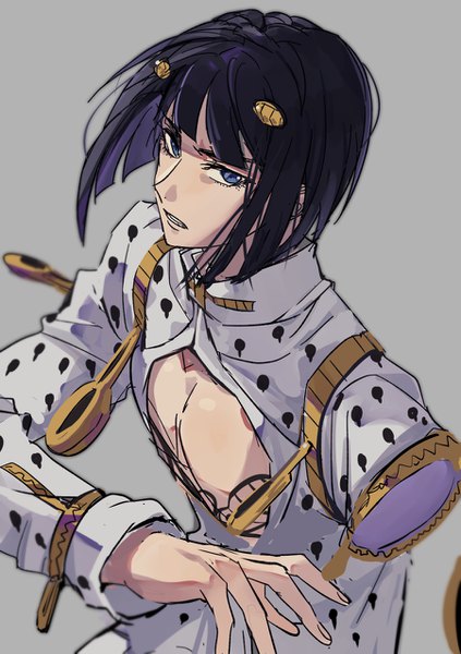 Anime picture 900x1277 with jojo no kimyou na bouken bruno buccellati doran7280 single tall image looking at viewer short hair blue eyes black hair simple background from above grey background tattoo boy