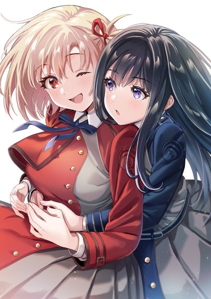 Anime picture 1158x1637 with lycoris recoil nishikigi chisato inoue takina 8n0 g long hair tall image short hair open mouth black hair simple background blonde hair red eyes white background purple eyes multiple girls one eye closed :o hug ;d hug from behind