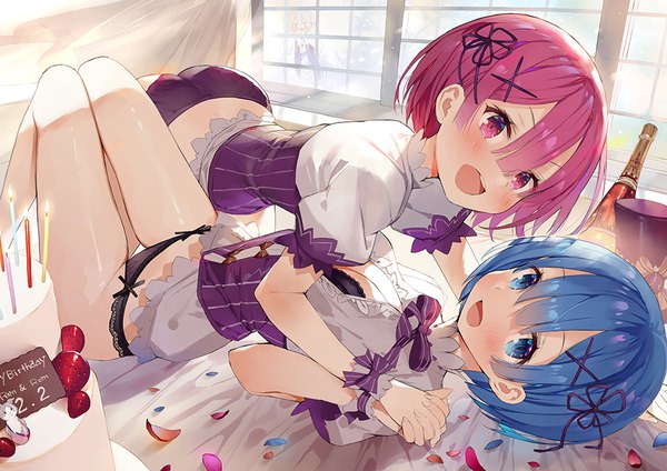 Anime picture 1000x707 with re:zero kara hajimeru isekai seikatsu white fox rem (re:zero) emilia (re:zero) ram (re:zero) gaou (umaiyo puyoman) looking at viewer blush fringe short hair breasts open mouth blue eyes light erotic smile hair between eyes multiple girls blue hair pink hair bent knee (knees)