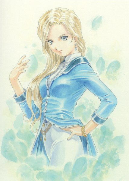 Anime picture 1711x2400 with sakura taisen glycine bleumer fujishima kousuke single long hair tall image highres blue eyes blonde hair hand on hip girl earrings bracelet