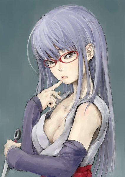 Anime picture 1000x1414 with gintama sunrise (studio) sarutobi ayame ebi (ebimomo) single long hair tall image looking at viewer fringe breasts light erotic simple background cleavage purple hair traditional clothes japanese clothes grey background mole grey eyes mole under eye