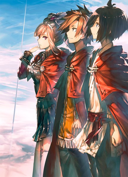 Anime picture 796x1095 with to no mado-shi - teihen mado-shi kara hajimeru shihon-ron - garuku long hair tall image short hair black hair brown hair standing brown eyes looking away sky cloud (clouds) outdoors profile black eyes multiple boys cover cover page girl thighhighs