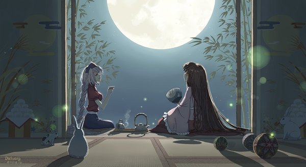 Anime picture 1973x1080 with touhou houraisan kaguya yagokoro eirin dahuang long hair highres black hair smile wide image sitting multiple girls signed silver hair full body braid (braids) traditional clothes japanese clothes profile night shadow