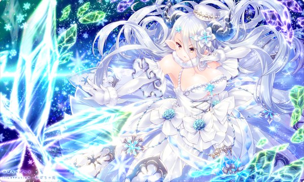 Anime picture 957x575 with granblue fantasy kabocha usagi single breasts wide image brown eyes looking away white hair very long hair pointy ears girl dress gloves hair ornament flower (flowers) elbow gloves white gloves white dress