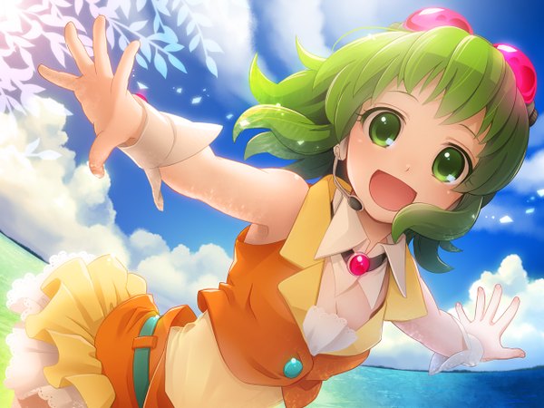 Anime picture 1280x960 with vocaloid gumi single looking at viewer blush fringe short hair open mouth smile standing bare shoulders green eyes sky outdoors green hair light happy spread arms horizon shiny