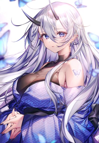 Anime picture 2406x3464 with original komeshiro kasu single long hair tall image looking at viewer fringe highres breasts blue eyes light erotic hair between eyes large breasts standing bare shoulders upper body nail polish traditional clothes japanese clothes horn (horns)