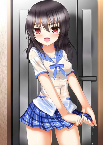Anime picture 716x1011 with strike the blood himeragi yukina nyarumi single long hair tall image blush open mouth black hair red eyes wet clothes wringing clothes girl skirt uniform school uniform