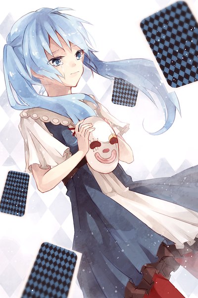 Anime picture 1000x1500 with vocaloid karakuri pierrot (vocaloid) hatsune miku lemon honey1013 single long hair tall image blue eyes twintails blue hair looking away tears crying rhombus girl dress pantyhose mask card (cards)