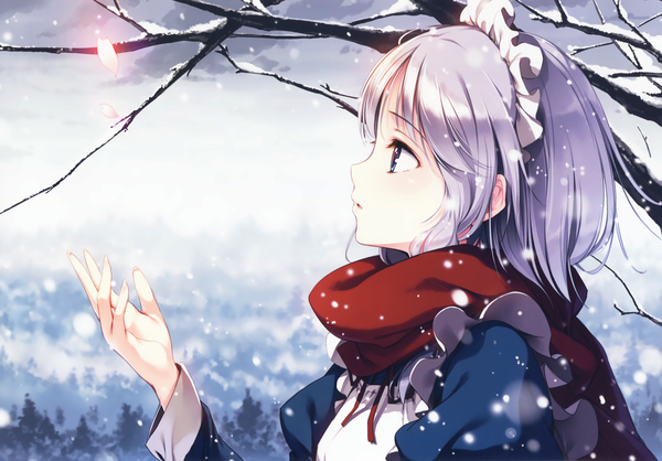 Anime picture 3431x2391 with touhou izayoi sakuya ke-ta single fringe highres open mouth blue eyes absurdres silver hair profile maid lens flare snowing looking up winter snow landscape bare tree girl
