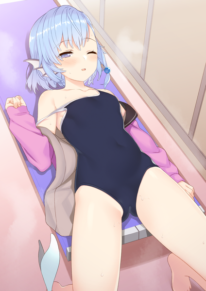 Anime picture 1000x1414 with original takunomi single tall image looking at viewer blush fringe short hair breasts open mouth blue eyes light erotic full body indoors lying one eye closed from above aqua hair off shoulder open jacket