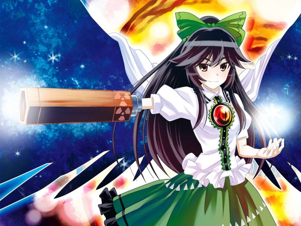Anime picture 1200x903 with touhou reiuji utsuho sakino shingetsu long hair black hair red eyes arm cannon girl bow wings