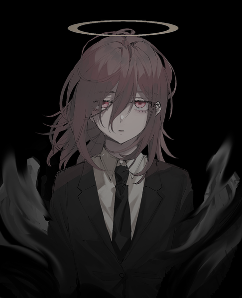Anime picture 1050x1297 with chainsaw man mappa angel devil (chainsaw man) niku (fjs 1018) single long hair tall image looking at viewer fringe simple background hair between eyes pink hair upper body pink eyes black background boy necktie halo suit