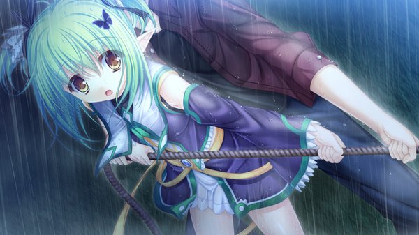 Anime picture 1280x720 with magicalic sky high charlles faltesia mikagami mamizu short hair open mouth wide image yellow eyes game cg green hair pointy ears rain girl dress boy hair ornament detached sleeves butterfly hair ornament