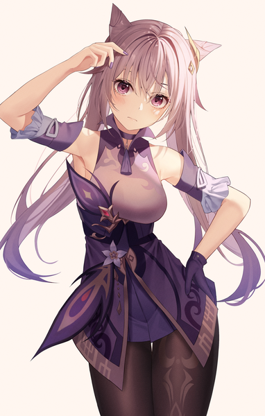 Anime picture 1273x2000 with genshin impact keqing (genshin impact) niji (rudduf232) single long hair tall image looking at viewer fringe breasts simple background standing white background purple eyes twintails bare shoulders animal ears silver hair nail polish fingernails armpit (armpits)