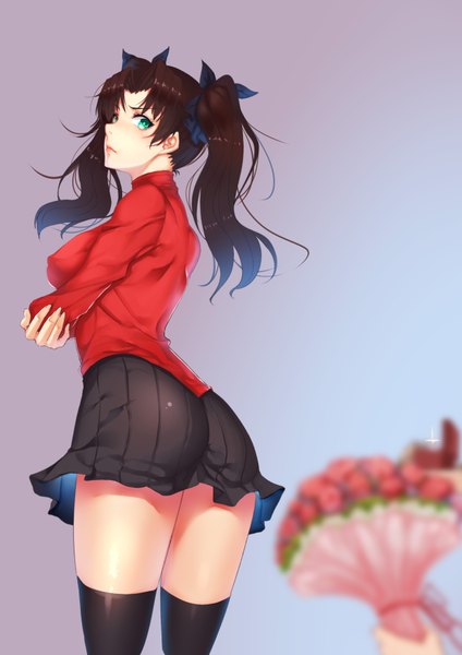 Anime picture 2480x3507 with fate (series) fate/stay night toosaka rin yin lan xue long hair tall image looking at viewer blush fringe highres light erotic black hair simple background standing twintails green eyes ass pleated skirt looking back blurry