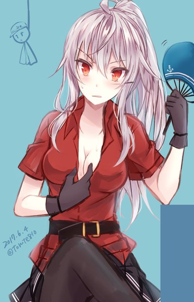 Anime picture 579x900 with kantai collection hibiki destroyer verniy destroyer gangut (kantai collection) kabocha torute single long hair tall image looking at viewer blush breasts open mouth light erotic red eyes signed cleavage ponytail pleated skirt twitter username dated