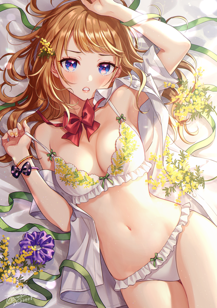 Anime picture 1157x1637 with original morikura en single long hair tall image looking at viewer blush fringe breasts blue eyes light erotic signed lying blunt bangs parted lips arm up orange hair on back open shirt floral print