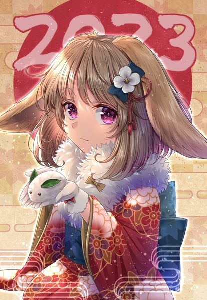 Anime picture 1461x2122 with original routo (rot 0) single tall image looking at viewer short hair brown hair sitting purple eyes animal ears traditional clothes japanese clothes bunny ears new year seiza 2023 girl gloves hair ornament white gloves