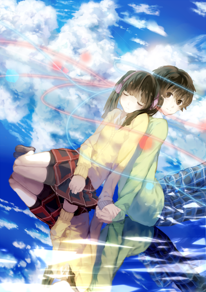 Anime picture 768x1086 with kagerou project shaft (studio) enomoto takane kokonose haruka spencer sais long hair tall image blush fringe short hair breasts smile twintails brown eyes sky cloud (clouds) eyes closed holding hands plaid skirt reflection