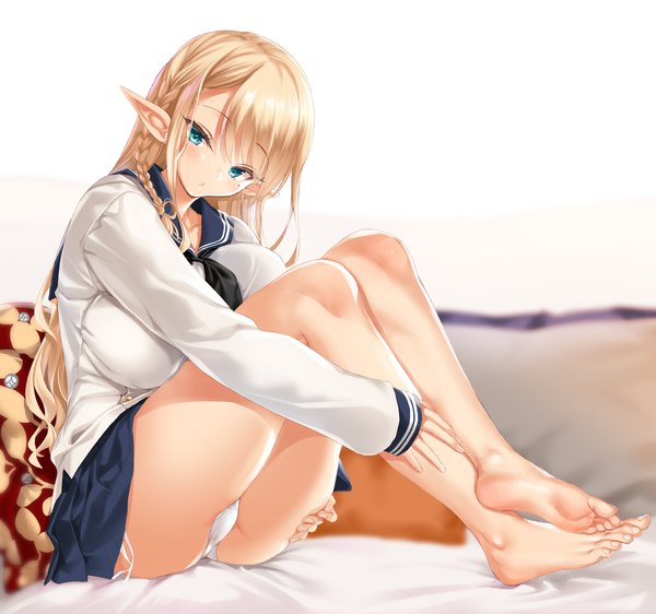 Anime picture 2168x2033 with original cle masahiro single long hair looking at viewer blush fringe highres breasts light erotic blonde hair simple background large breasts white background sitting full body bent knee (knees) braid (braids) parted lips barefoot