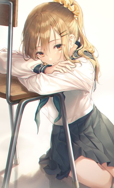 Anime picture 1680x2769 with original r o ha single long hair tall image looking at viewer blush fringe simple background hair between eyes brown hair sitting brown eyes payot ponytail long sleeves pleated skirt anaglyph girl skirt