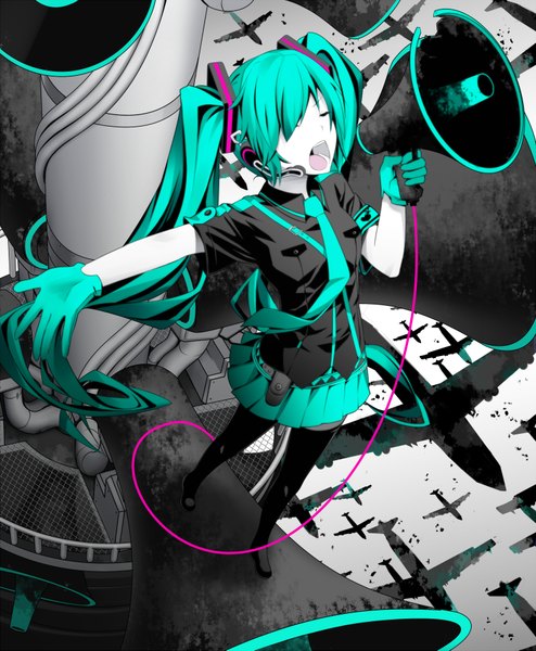 Anime picture 1500x1821 with vocaloid koi wa sensou (vocaloid) hatsune miku ac (eshi) long hair tall image fringe open mouth twintails eyes closed green hair hair over one eye screaming girl thighhighs gloves necktie headphones aircraft airplane