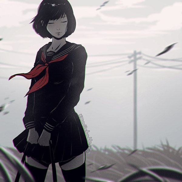 Anime picture 1024x1024 with original koyoriin single blush fringe short hair standing holding signed outdoors eyes closed pleated skirt wind lips blurry zettai ryouiki monochrome partially colored girl thighhighs
