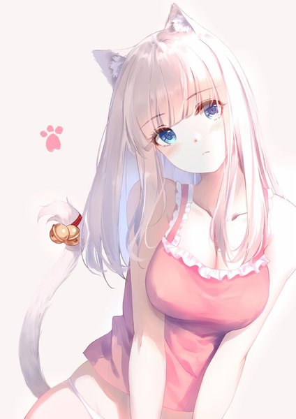 Anime-Bild 1100x1555 mit original caidychen single long hair tall image looking at viewer fringe breasts blue eyes light erotic simple background large breasts standing bare shoulders animal ears cleavage silver hair tail blunt bangs head tilt