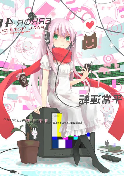 Anime picture 800x1131 with original nanashina (artist) single long hair tall image looking at viewer smile sitting green eyes pink hair no shoes girl dress pantyhose white dress headphones scarf book (books) wire (wires) red scarf
